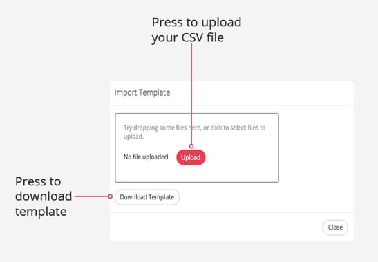 Import Template feature, highlighting the buttons to download the template and upload a CSV file