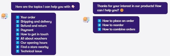 Bot messages that offer numbered menu options to a user to direct the conversation flow