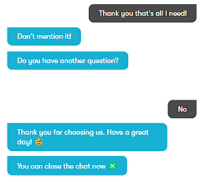 Excerpt from conversation where bot indicates a clear endpoint by saying "Thank you for choosing us. Have a great day! You can close the chat now."