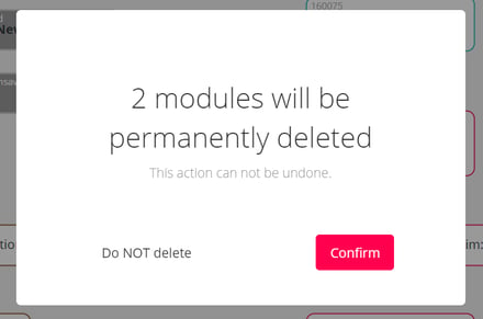 Modal window showing warning that Modules will be permanently deleted if user confirms